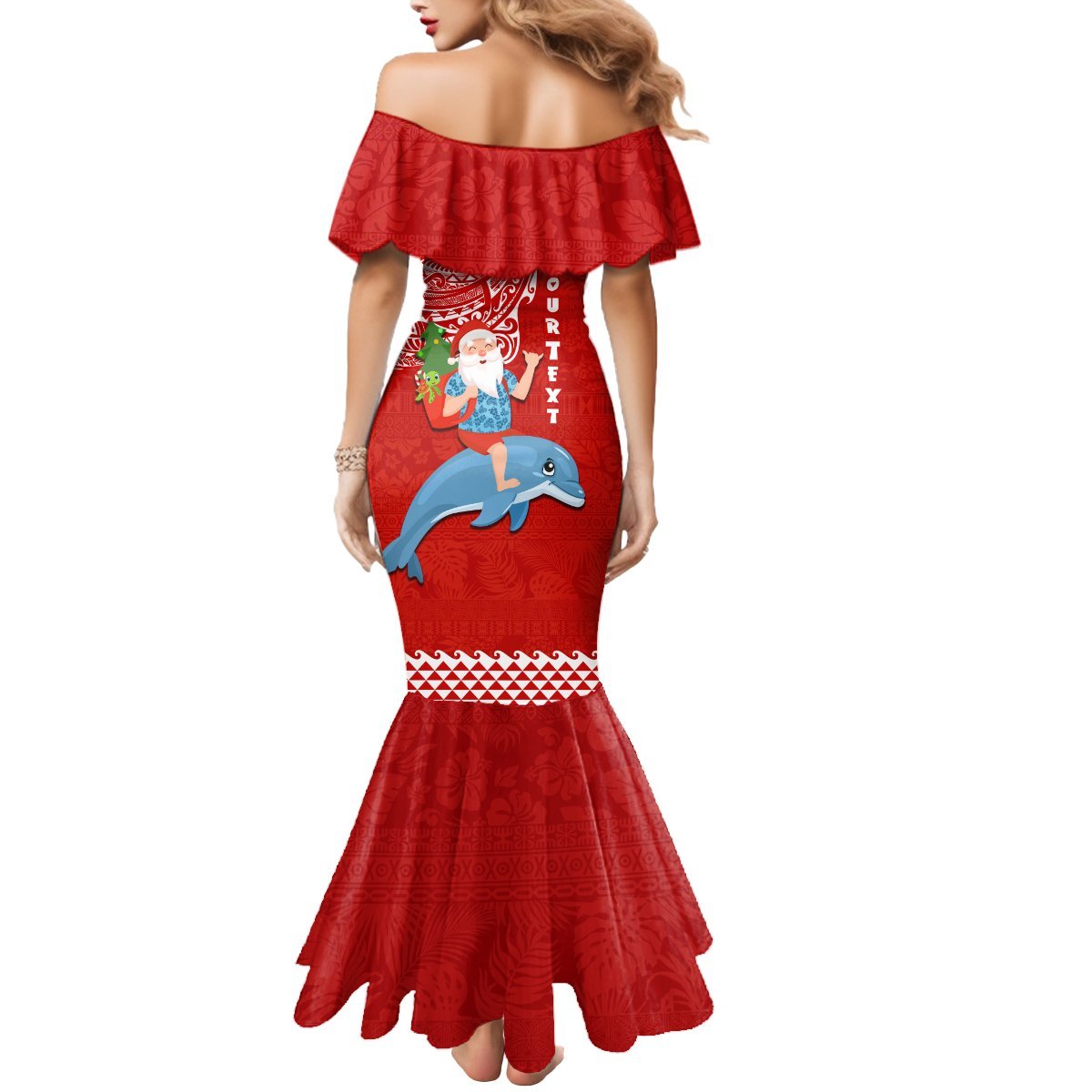 Custom Hawaii Mele Kalikimaka Mermaid Dress Santa Riding The DolPhin Mix Kakau Pattern Red Style LT03 - Polynesian Pride