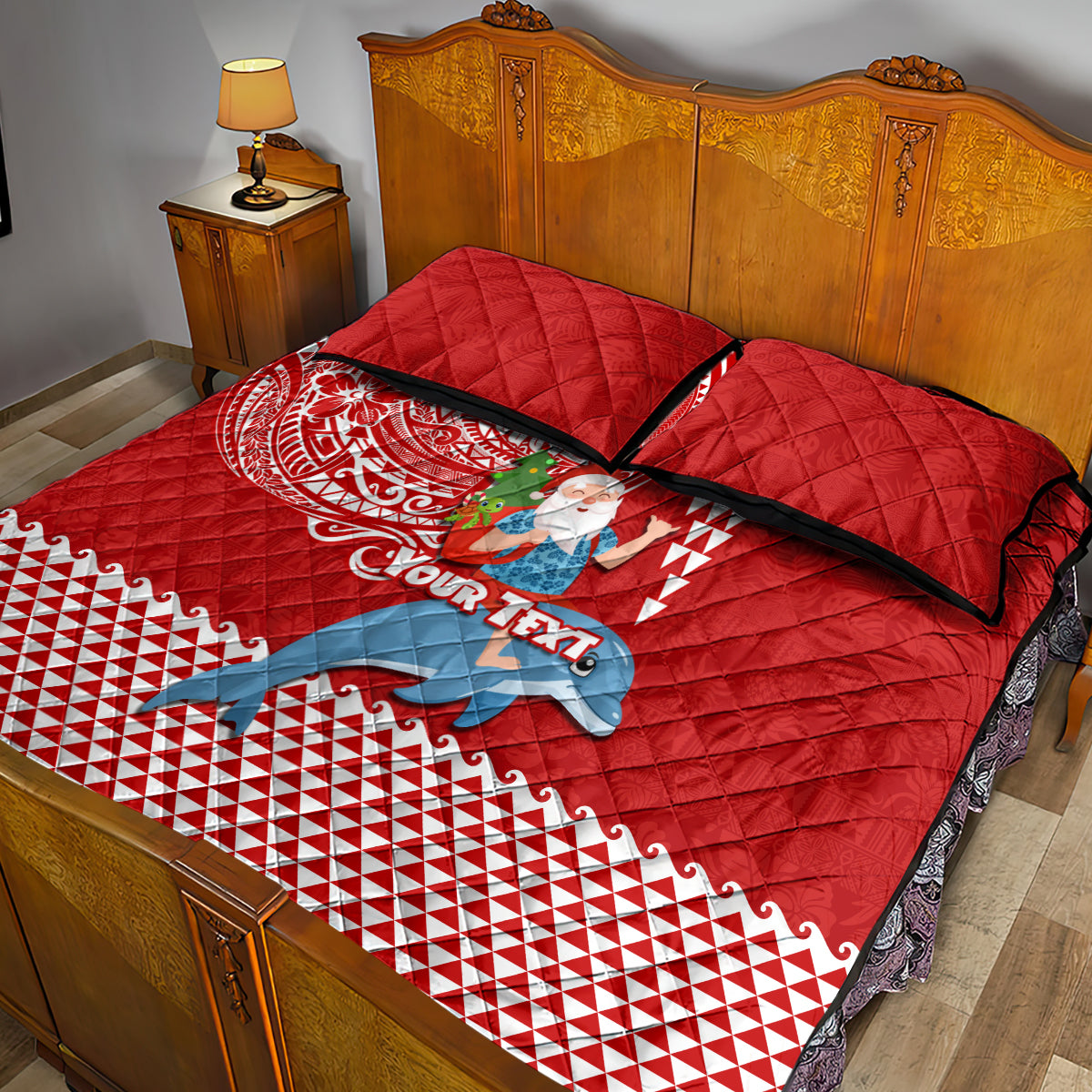 Custom Hawaii Mele Kalikimaka Quilt Bed Set Santa Riding The DolPhin Mix Kakau Pattern Red Style LT03 - Polynesian Pride