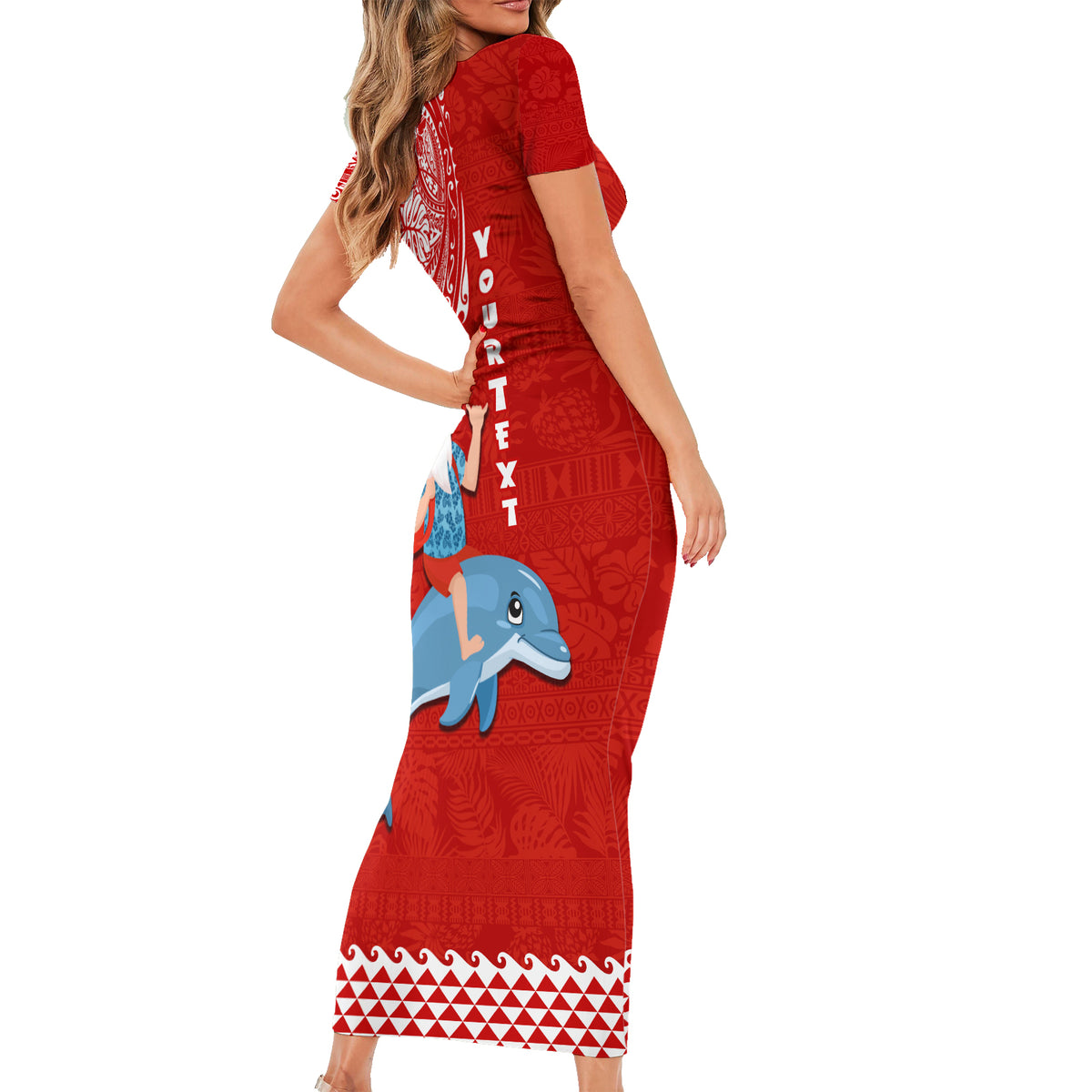 Custom Hawaii Mele Kalikimaka Short Sleeve Bodycon Dress Santa Riding The DolPhin Mix Kakau Pattern Red Style LT03 - Polynesian Pride