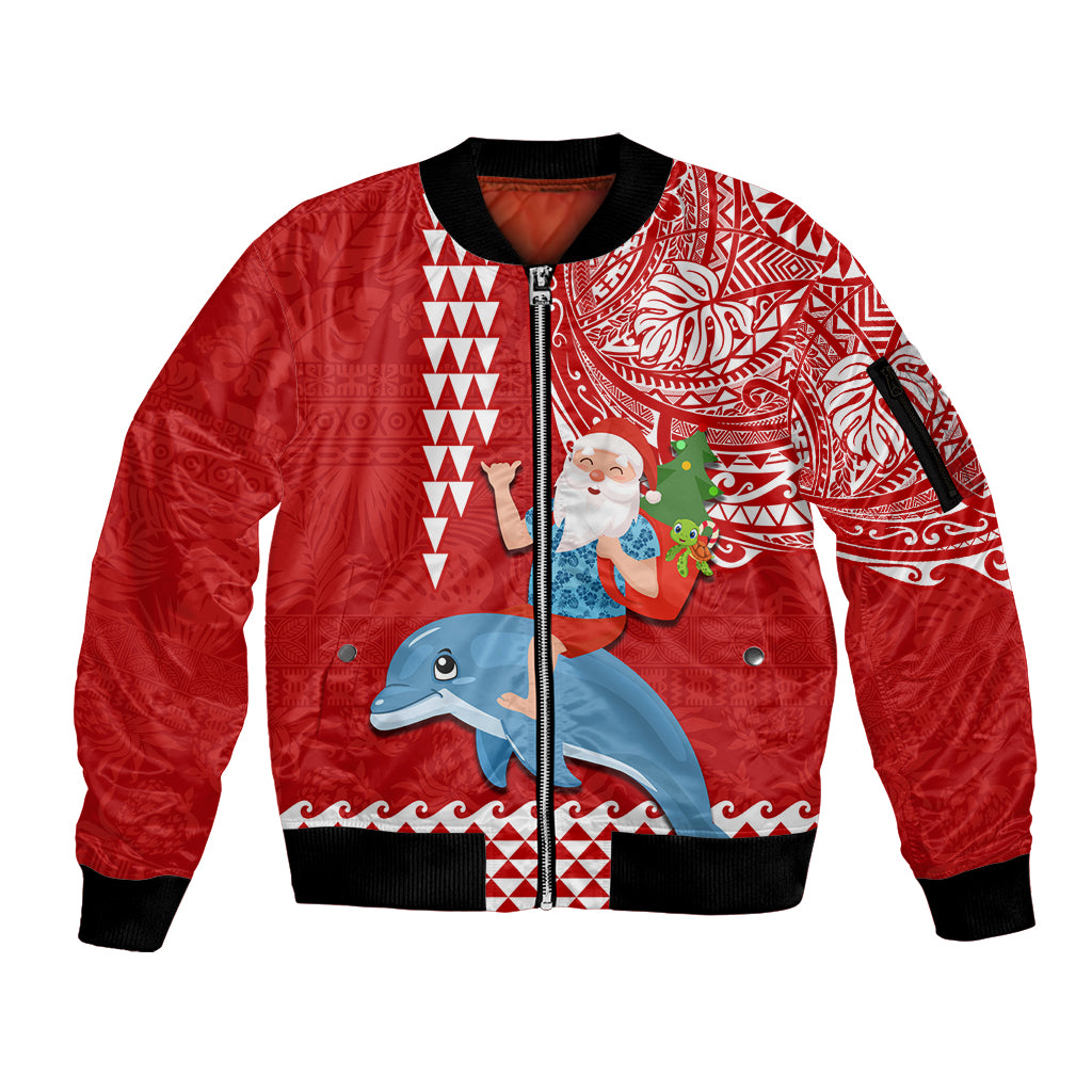 Custom Hawaii Mele Kalikimaka Sleeve Zip Bomber Jacket Santa Riding The DolPhin Mix Kakau Pattern Red Style LT03 Unisex Red - Polynesian Pride