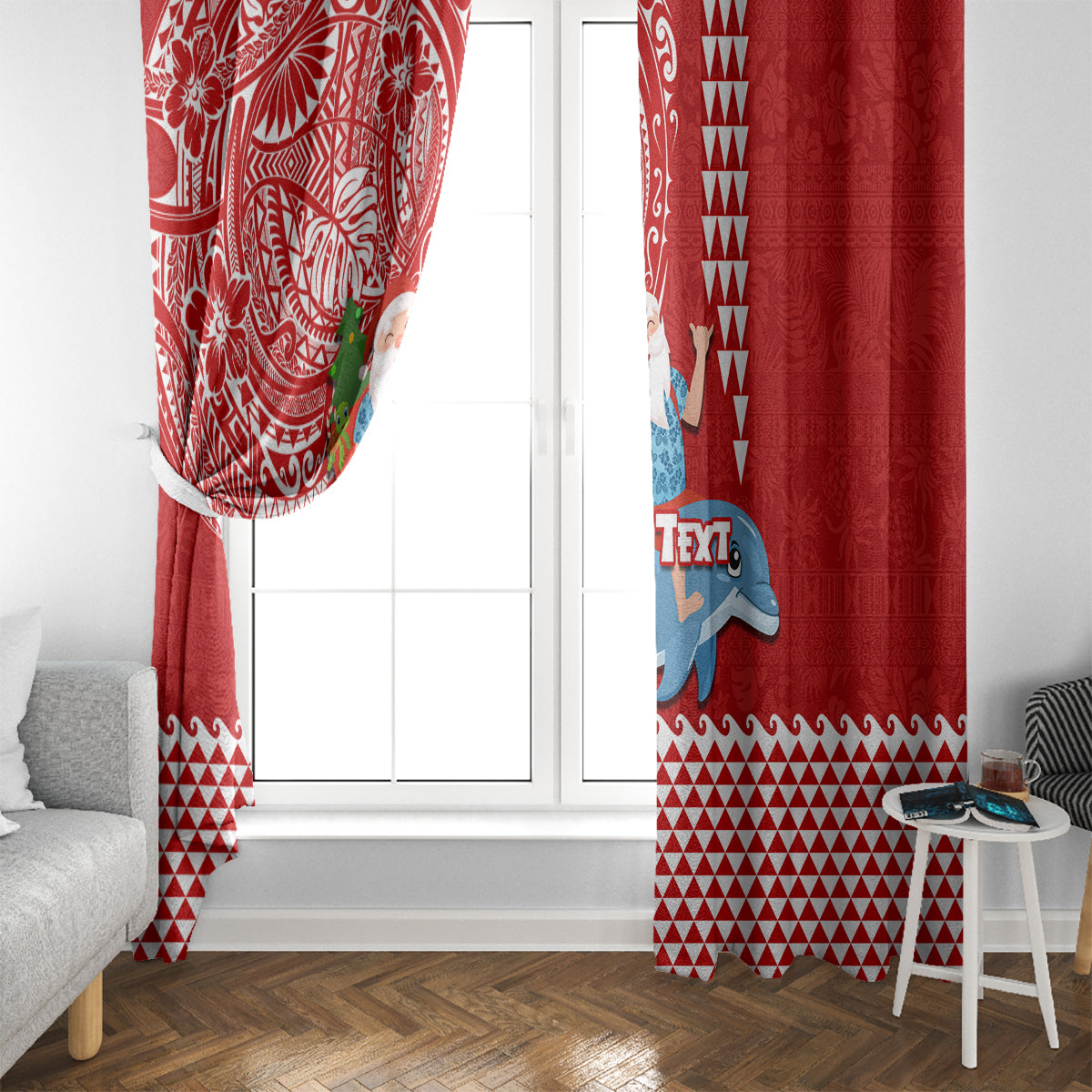 Custom Hawaii Mele Kalikimaka Window Curtain Santa Riding The DolPhin Mix Kakau Pattern Red Style LT03 - Polynesian Pride
