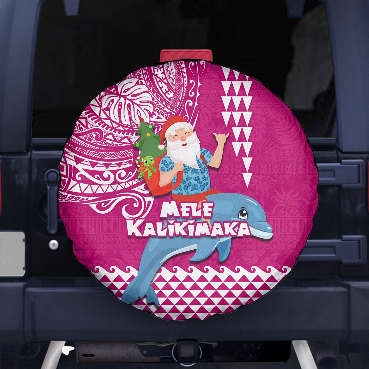 Hawaii Mele Kalikimaka Spare Tire Cover Santa Riding The DolPhin Mix Kakau Pattern Pink Style LT03 Pink - Polynesian Pride