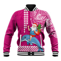 Custom Hawaii Mele Kalikimaka Baseball Jacket Santa Riding The DolPhin Mix Kakau Pattern Pink Style LT03 Unisex Pink - Polynesian Pride