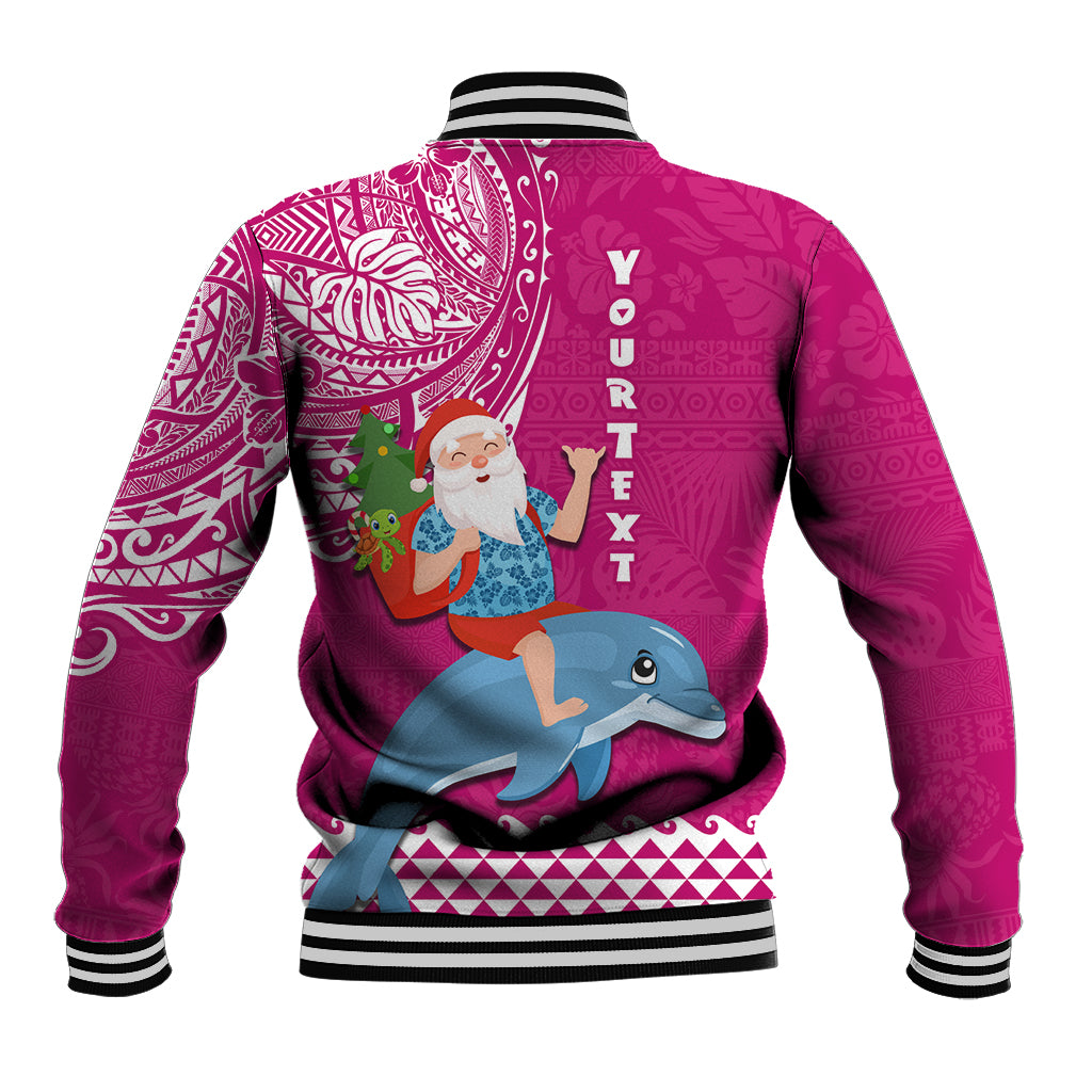 Custom Hawaii Mele Kalikimaka Baseball Jacket Santa Riding The DolPhin Mix Kakau Pattern Pink Style LT03 - Polynesian Pride