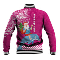Custom Hawaii Mele Kalikimaka Baseball Jacket Santa Riding The DolPhin Mix Kakau Pattern Pink Style LT03 - Polynesian Pride