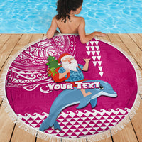 Custom Hawaii Mele Kalikimaka Beach Blanket Santa Riding The DolPhin Mix Kakau Pattern Pink Style LT03 - Polynesian Pride