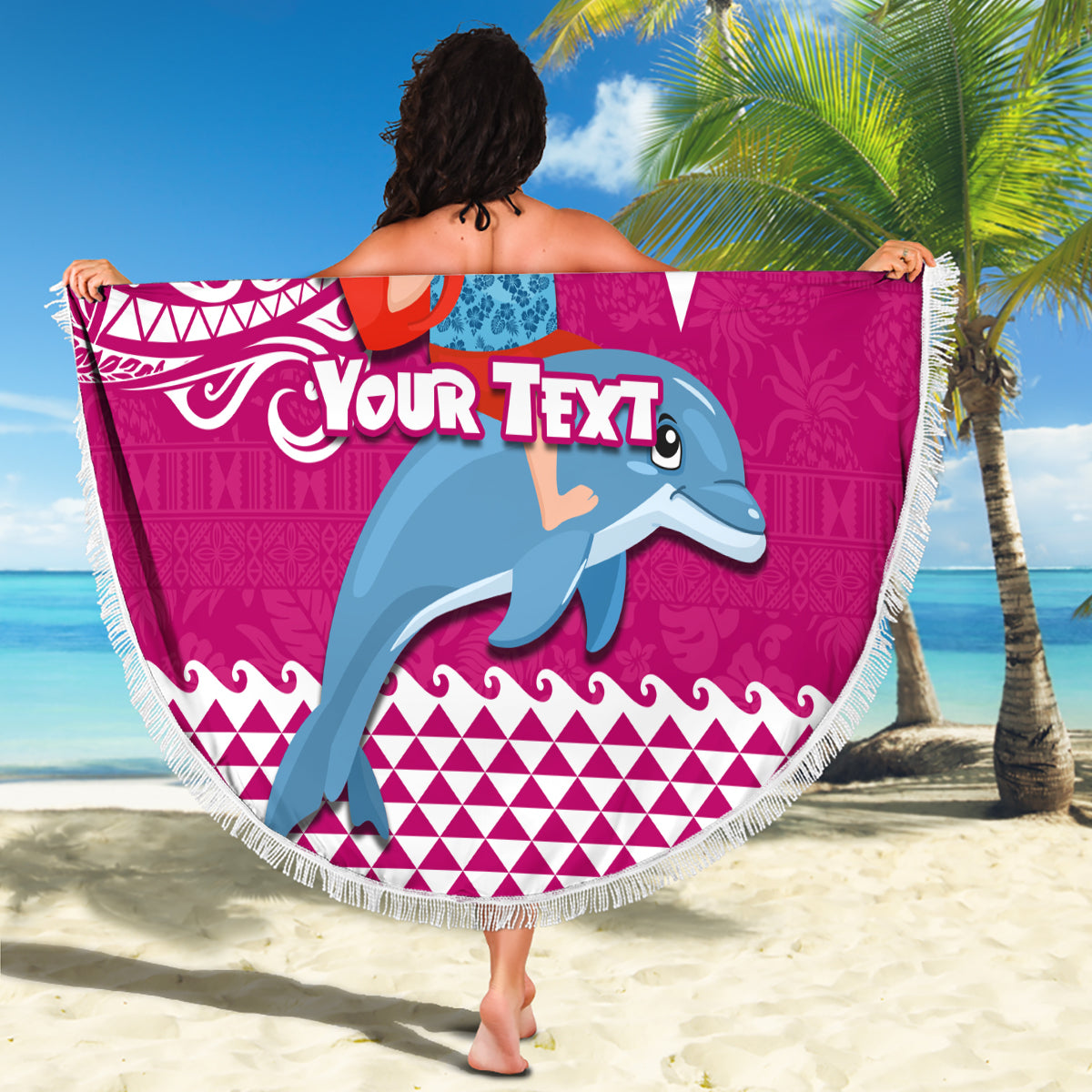 Custom Hawaii Mele Kalikimaka Beach Blanket Santa Riding The DolPhin Mix Kakau Pattern Pink Style LT03 - Polynesian Pride
