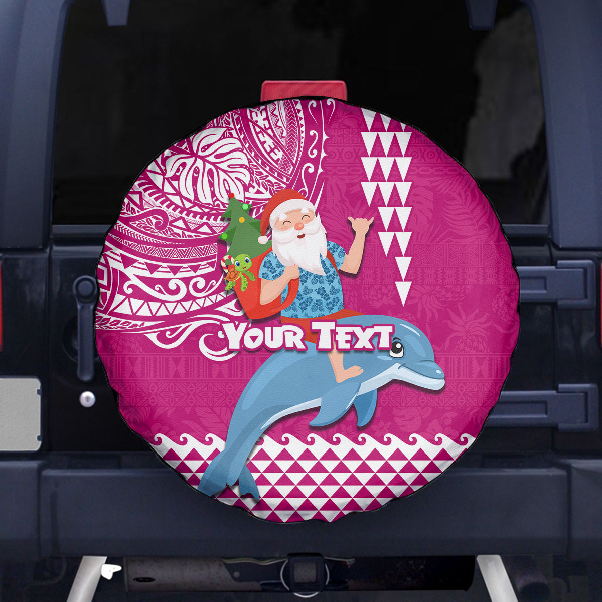 Custom Hawaii Mele Kalikimaka Spare Tire Cover Santa Riding The DolPhin Mix Kakau Pattern Pink Style LT03 Pink - Polynesian Pride