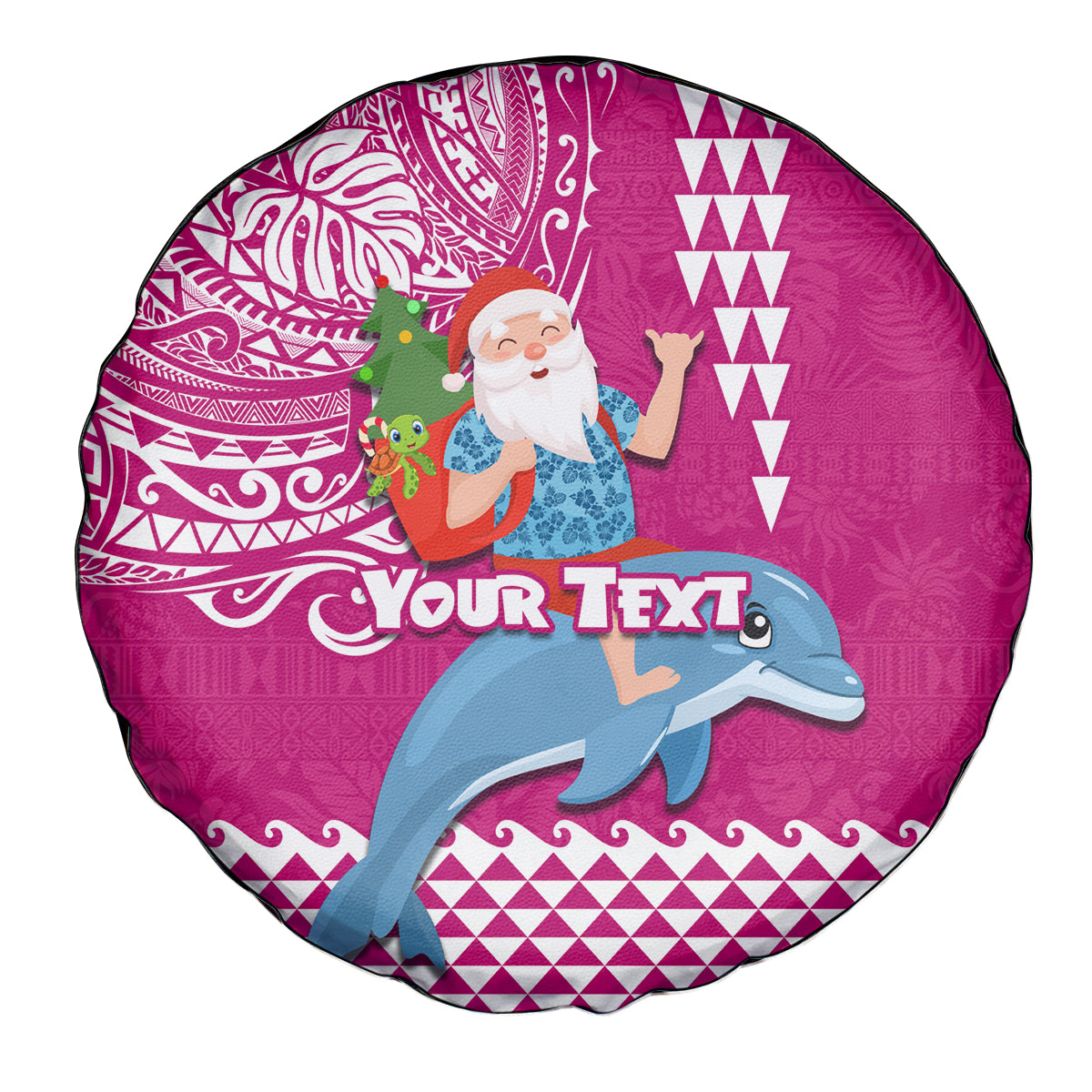 Custom Hawaii Mele Kalikimaka Spare Tire Cover Santa Riding The DolPhin Mix Kakau Pattern Pink Style LT03 - Polynesian Pride