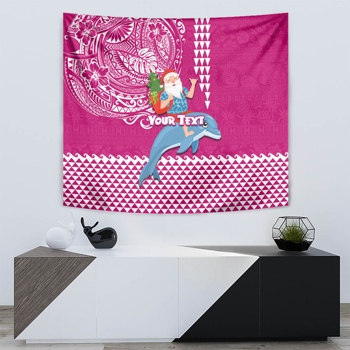 Custom Hawaii Mele Kalikimaka Tapestry Santa Riding The DolPhin Mix Kakau Pattern Pink Style LT03 - Polynesian Pride