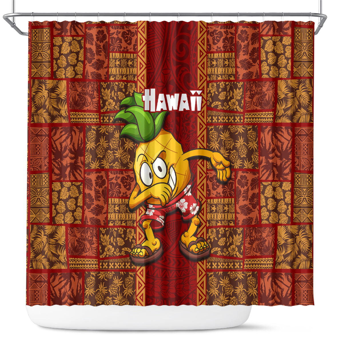 Hawaii Shower Curtain Aloha Funny Pineapple Mix Kakau Hawaiian Tribal LT03 Red - Polynesian Pride