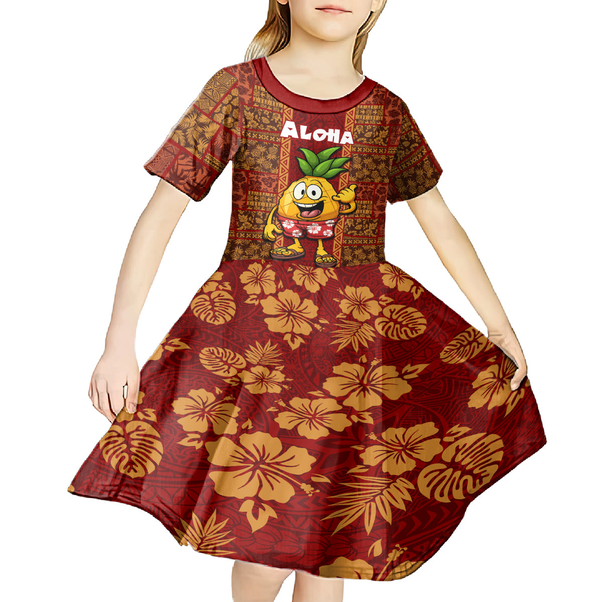 Custom Hawaii Kid Short Sleeve Dress Aloha Funny Pineapple Mix Kakau Hawaiian Tribal LT03 - Polynesian Pride