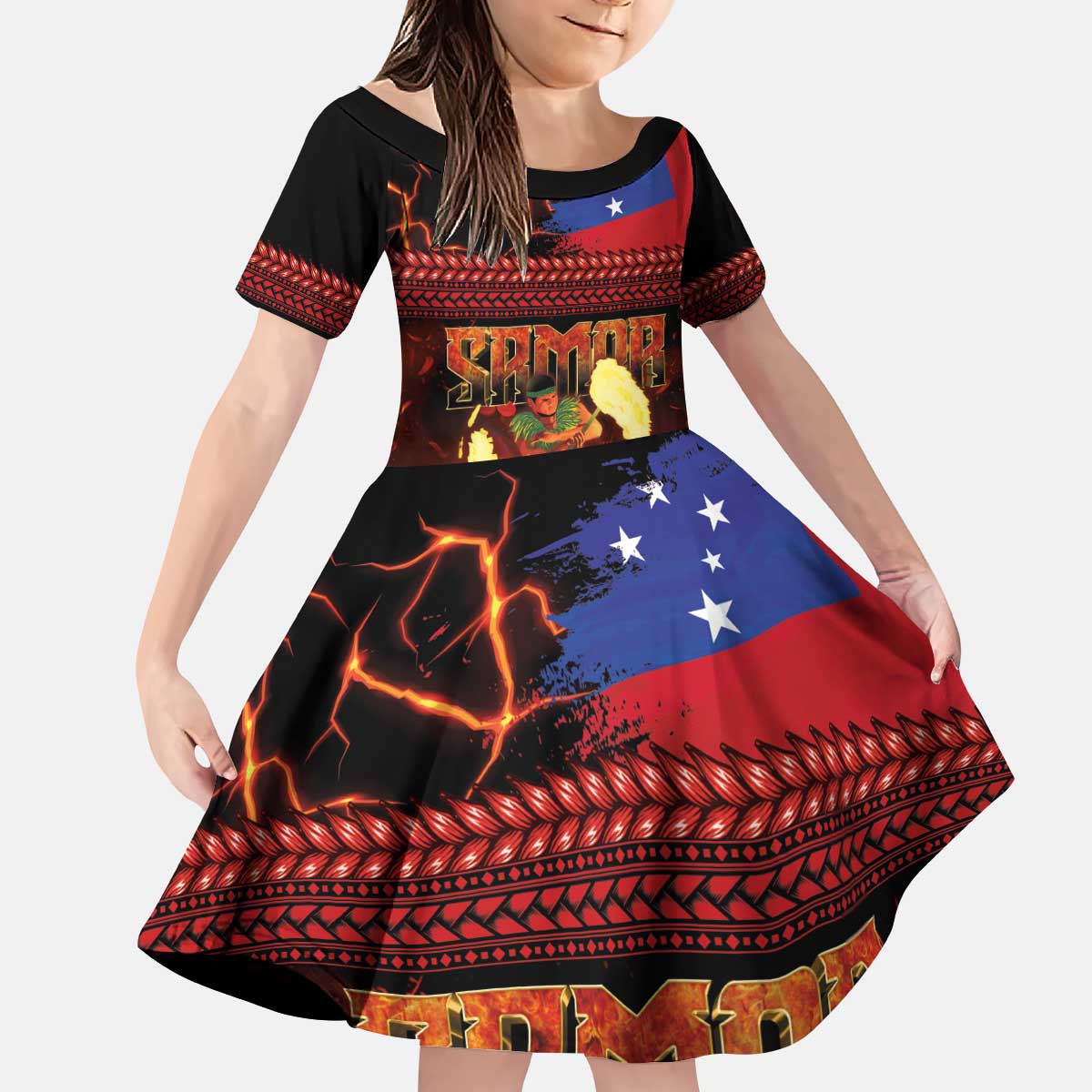 Samoan Siva Afi Kid Short Sleeve Dress Tribal Performers of Samoan Fire Knife Dancing