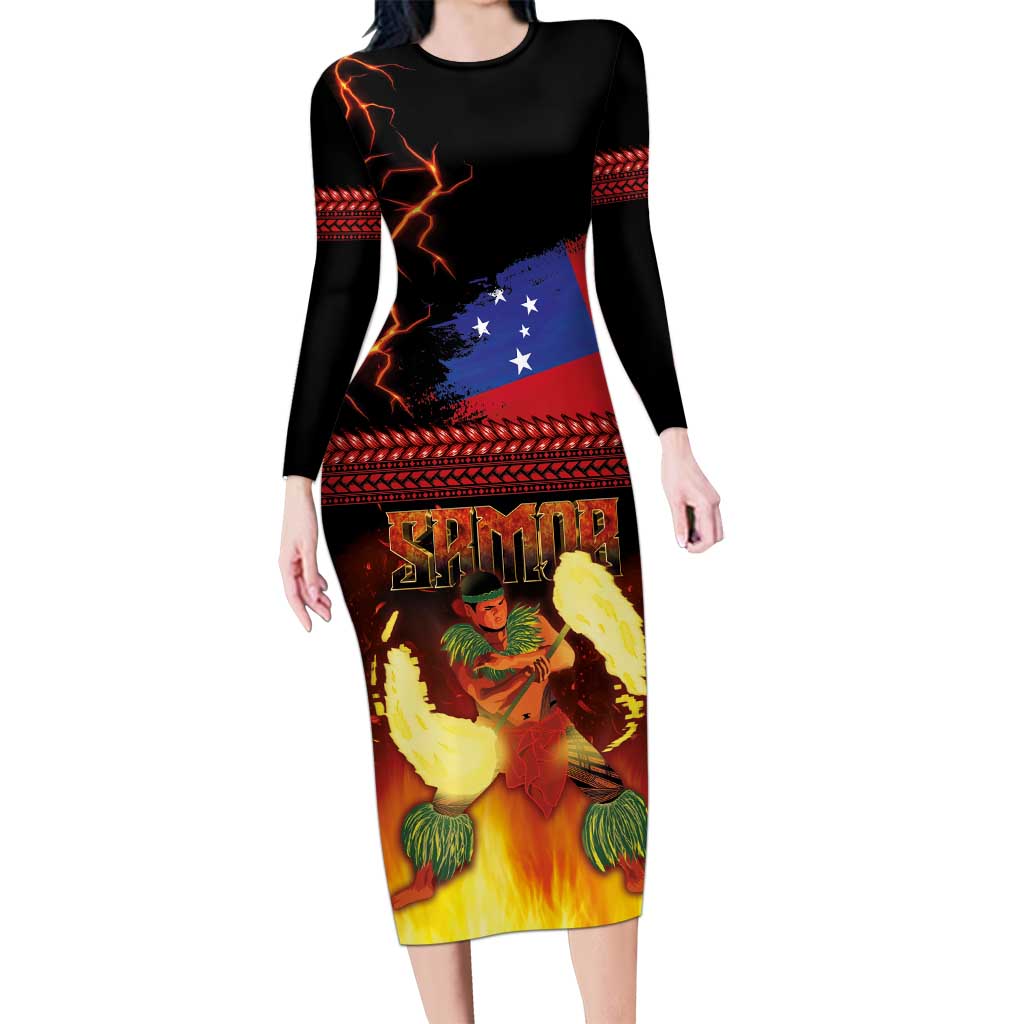 Samoan Siva Afi Long Sleeve Bodycon Dress Tribal Performers of Samoan Fire Knife Dancing