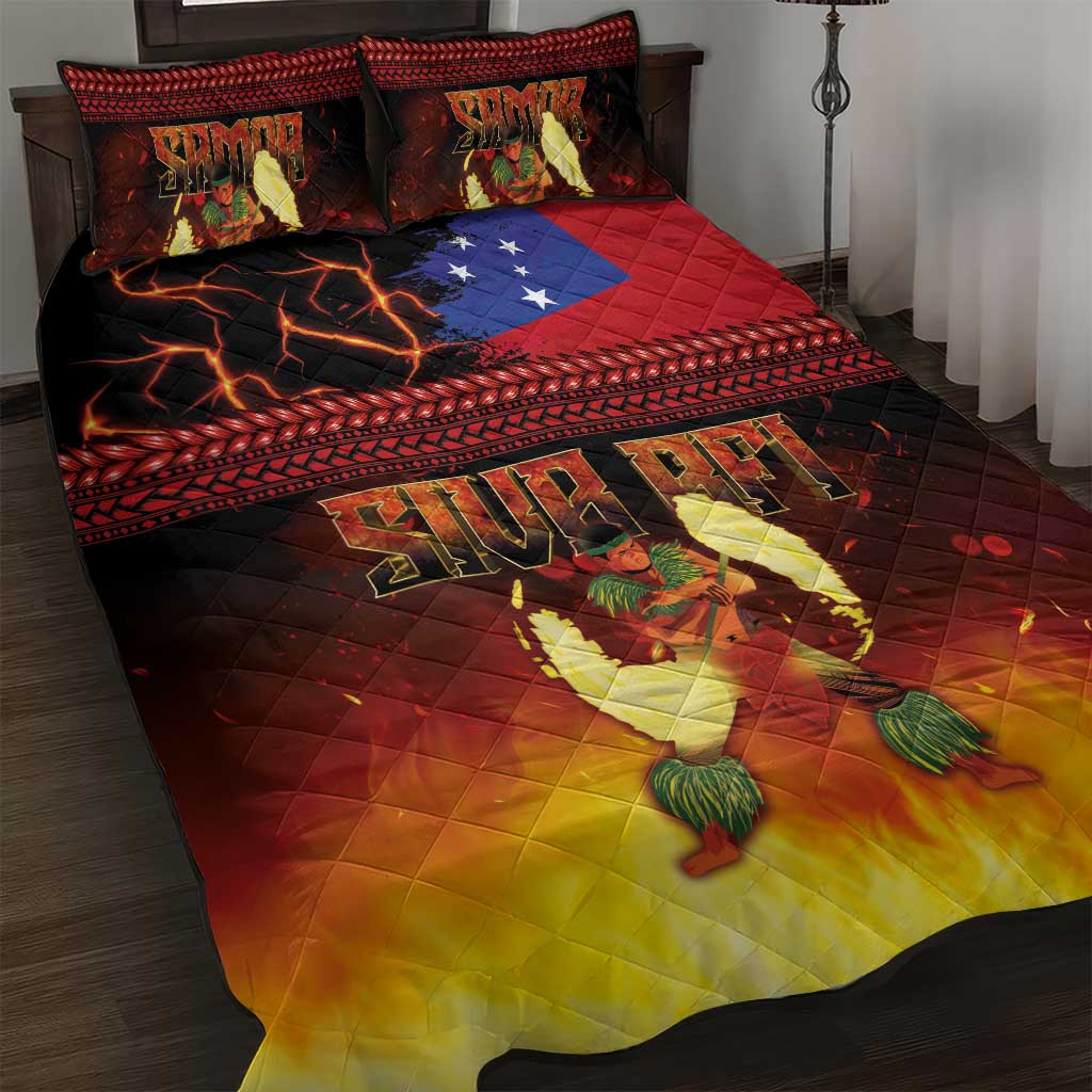 Samoan Siva Afi Quilt Bed Set Tribal Performers of Samoan Fire Knife Dancing LT03 Black - Polynesian Pride