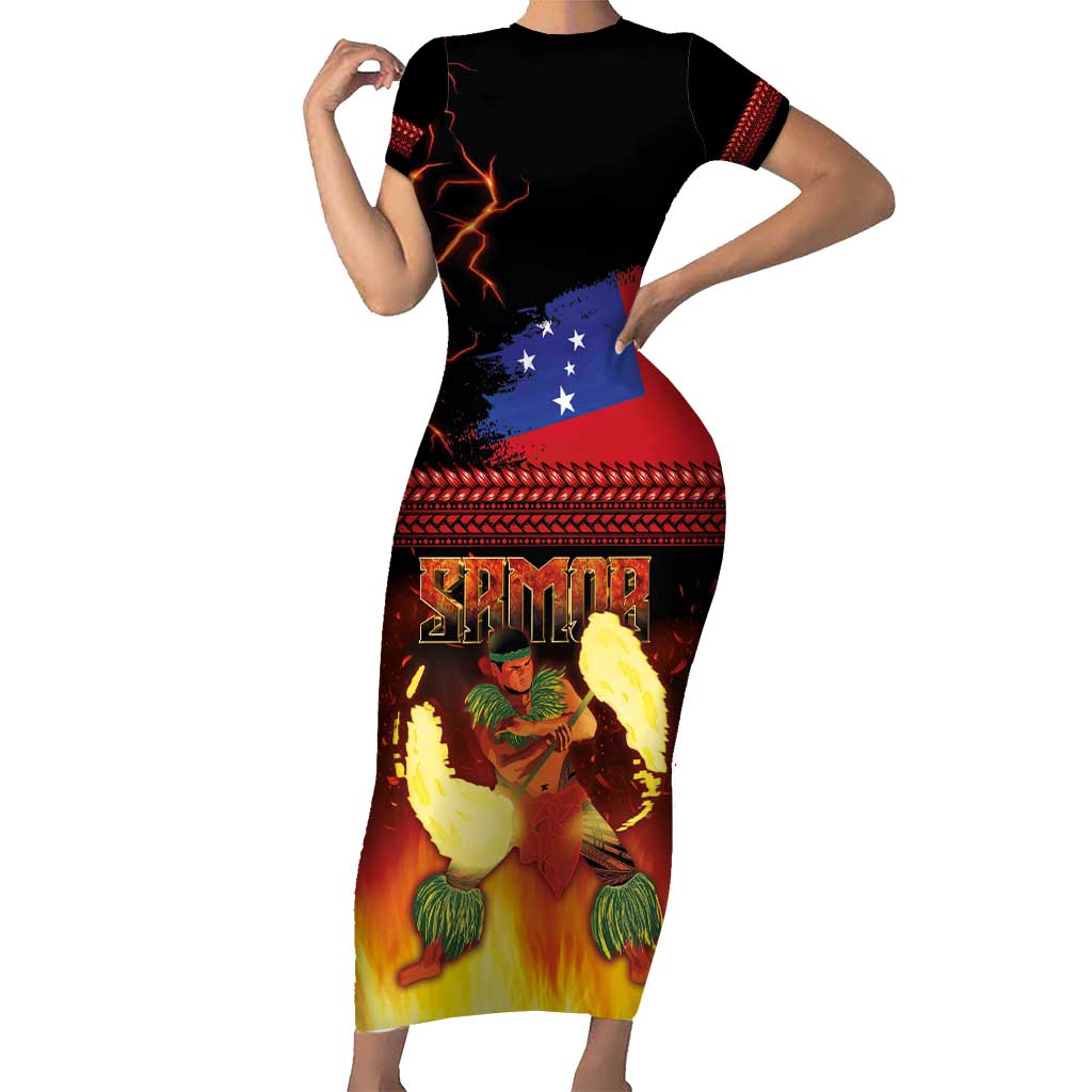 Samoan Siva Afi Short Sleeve Bodycon Dress Tribal Performers of Samoan Fire Knife Dancing