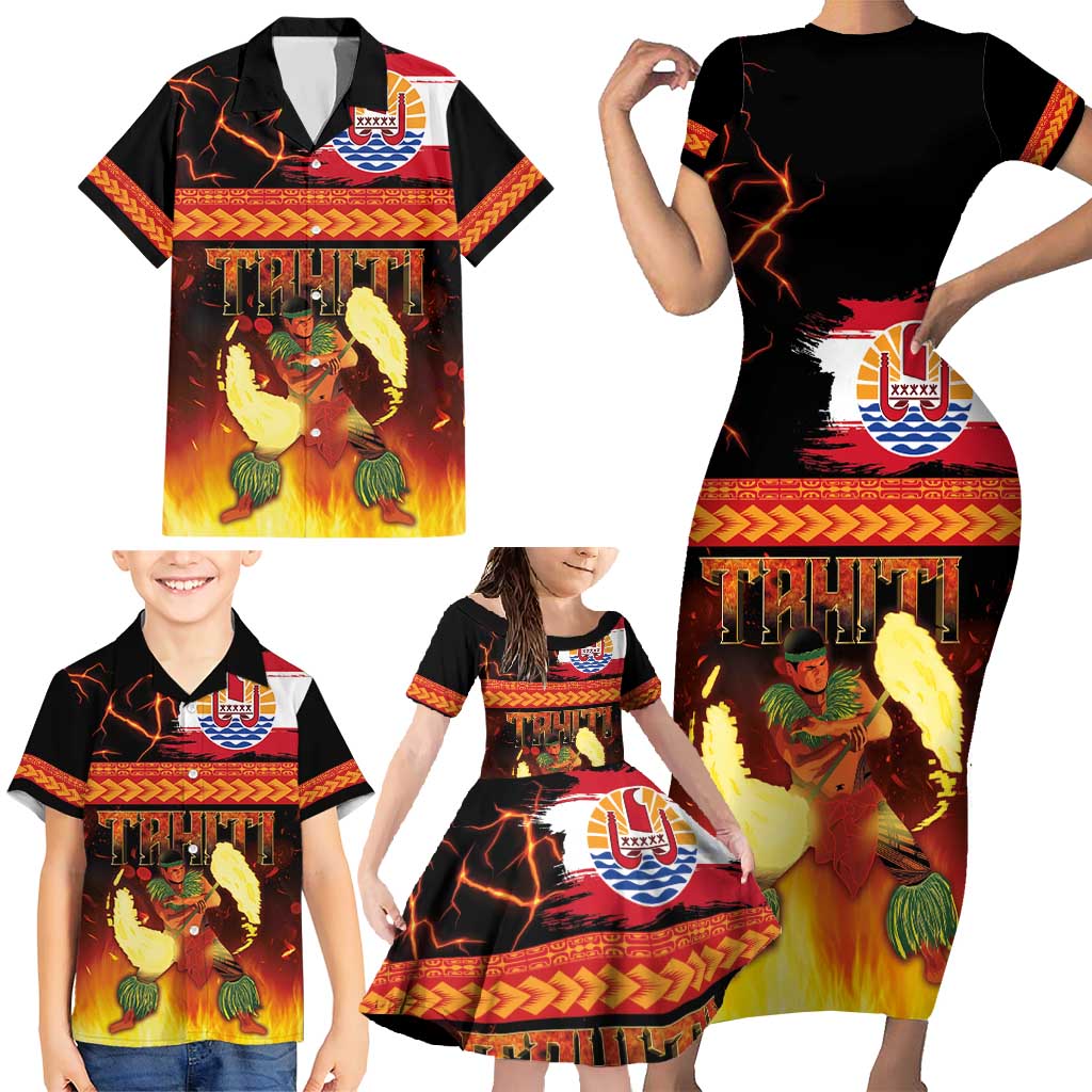 Tahitian Siva Afi Family Matching Short Sleeve Bodycon Dress and Hawaiian Shirt Tribal Performers of Tahitian Fire Knife Dancing