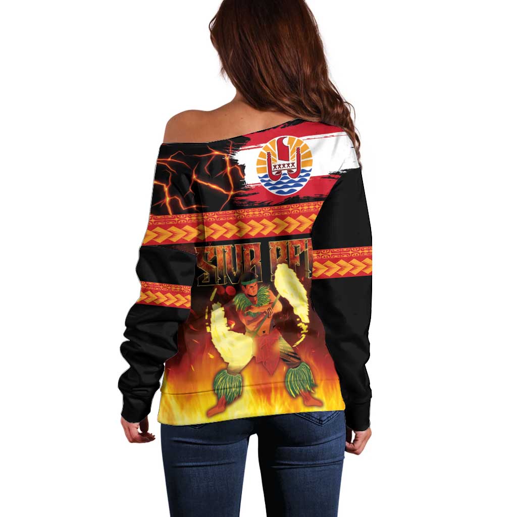 Tahitian Siva Afi Off Shoulder Sweater Tribal Performers of Tahitian Fire Knife Dancing LT03 - Polynesian Pride