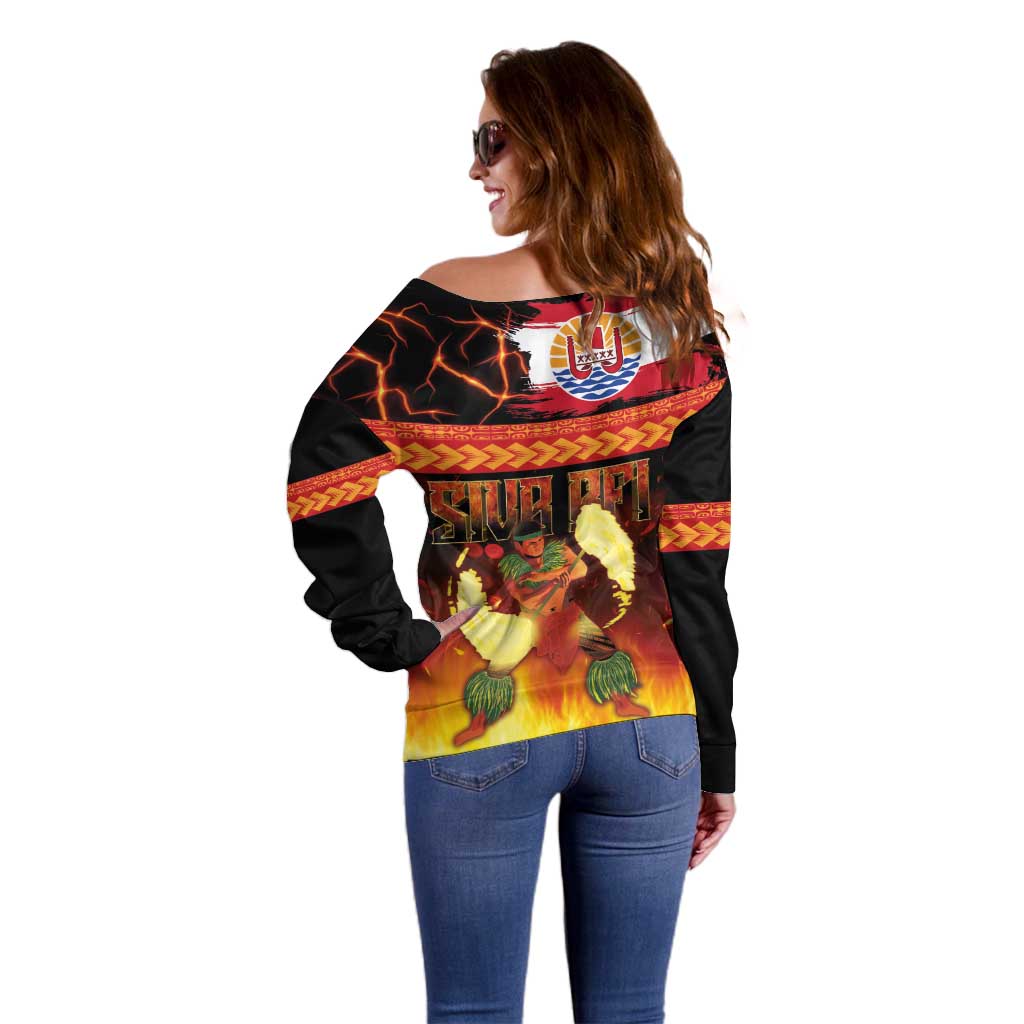 Tahitian Siva Afi Off Shoulder Sweater Tribal Performers of Tahitian Fire Knife Dancing LT03 - Polynesian Pride