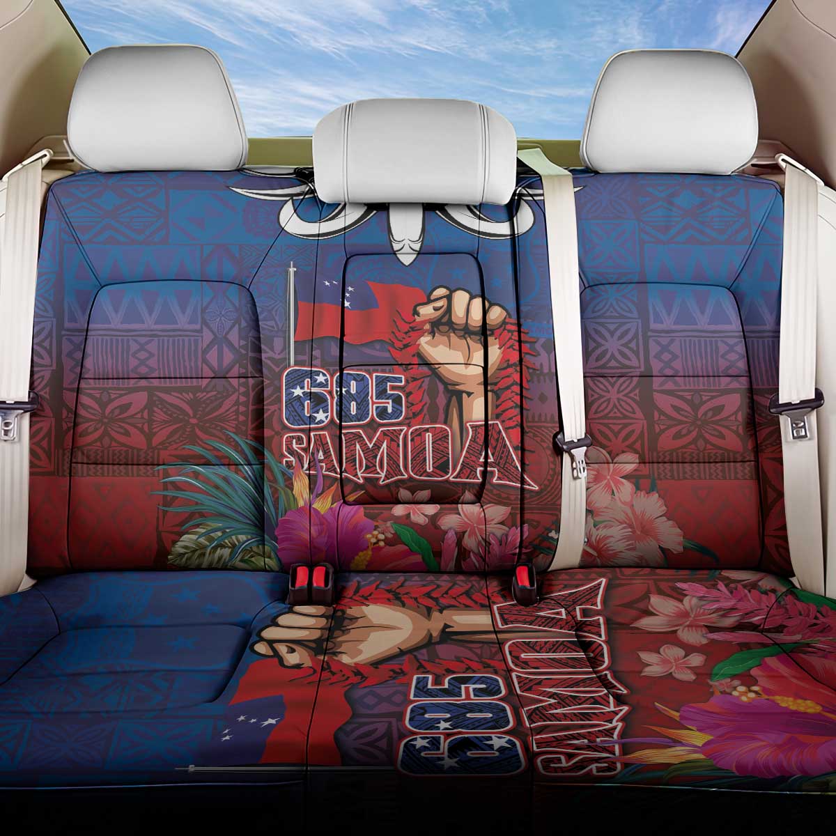 Proud of Samoa Back Car Seat Cover Ula Nifo with Samoa 685 and Hibiscus Tapa Tribal Pattern LT03 One Size Blue - Polynesian Pride