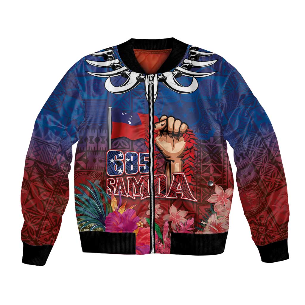 Proud of Samoa Bomber Jacket Ula Nifo with Samoa 685 and Hibiscus Tapa Tribal Pattern LT03 Unisex Blue - Polynesian Pride