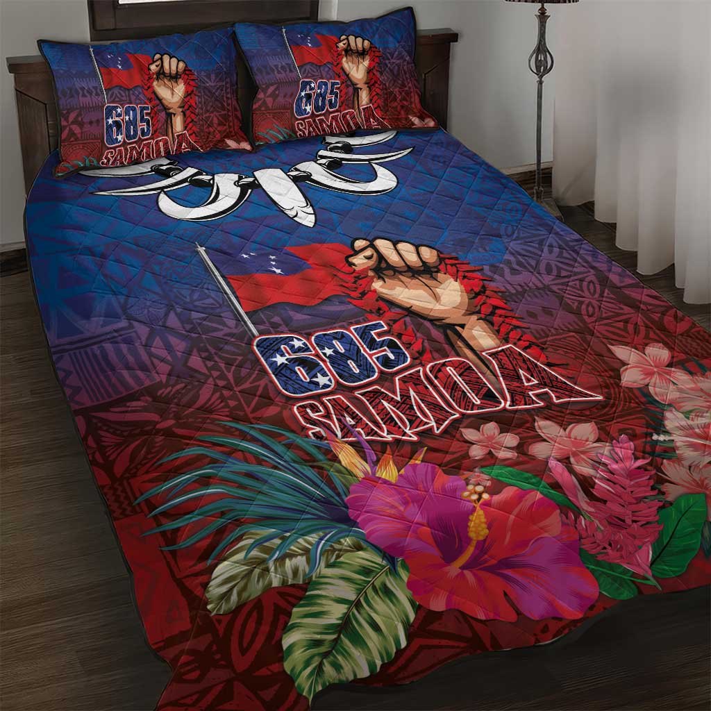 Proud of Samoa Quilt Bed Set Ula Nifo with Samoa 685 and Hibiscus Tapa Tribal Pattern LT03 Blue - Polynesian Pride