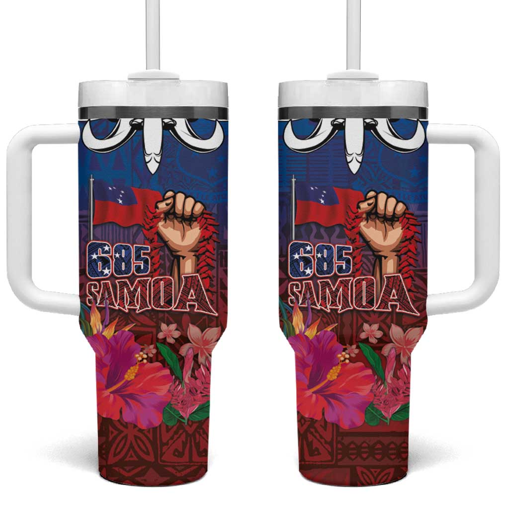 Proud of Samoa 685 Tumbler With Handle Ula Nifo and Hibiscus Tapa Tribal Pattern LT03 One Size: 40 oz Blue - Polynesian Pride