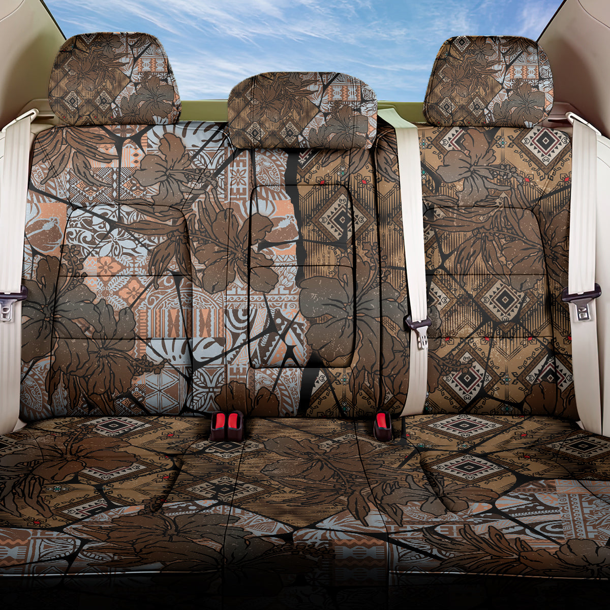 Fiji Masi Tapa Tribal Back Car Seat Cover Old Hibiscus Vintage Style LT03 One Size Brown - Polynesian Pride
