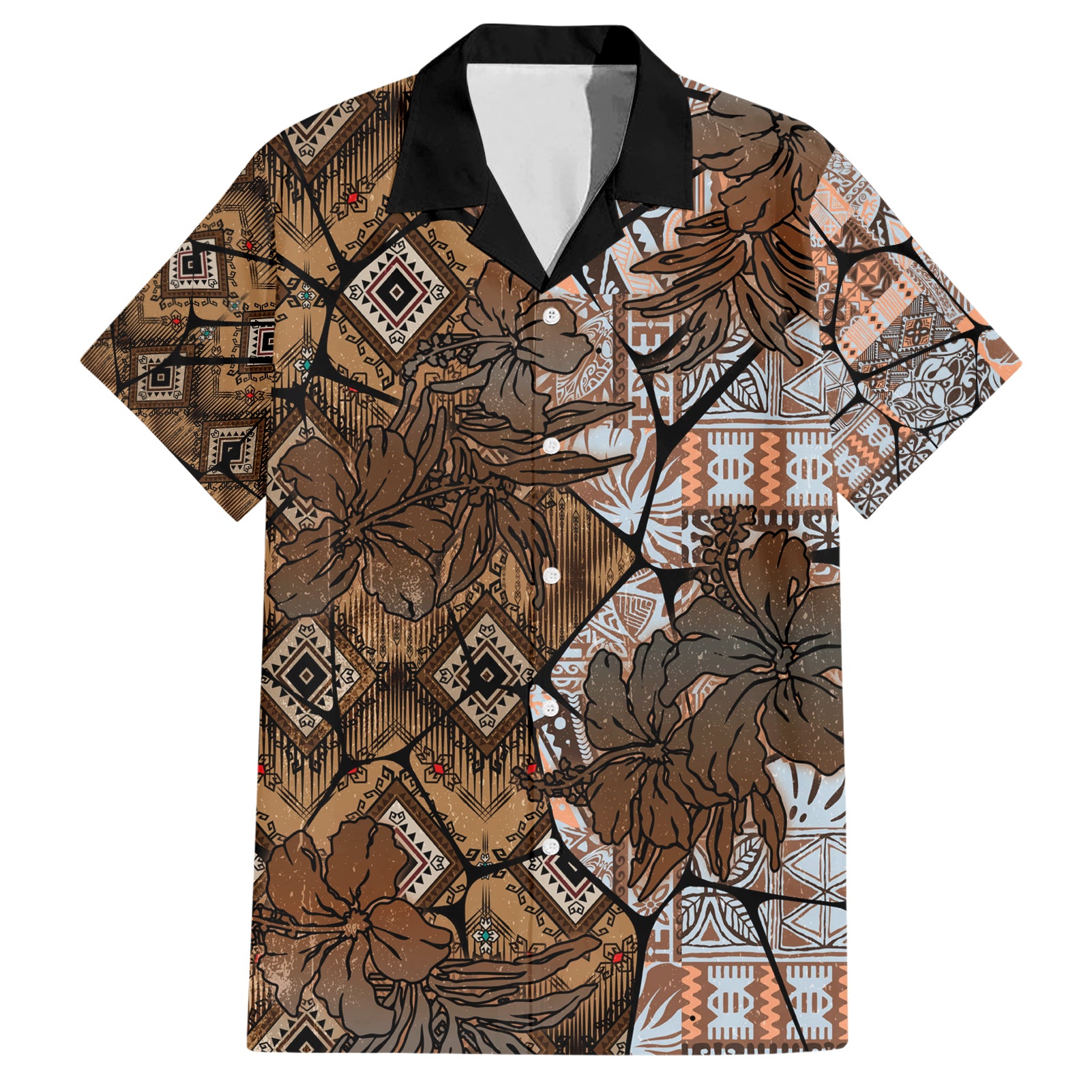 Fiji Masi Tapa Tribal Hawaiian Shirt Old Hibiscus Vintage Style LT03 Brown - Polynesian Pride