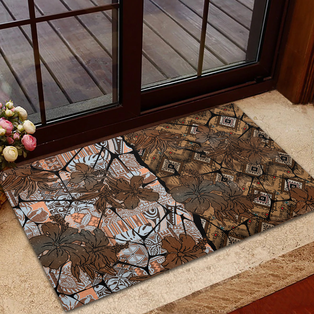 Fiji Masi Tapa Tribal Rubber Doormat Old Hibiscus Vintage Style LT03 - Polynesian Pride
