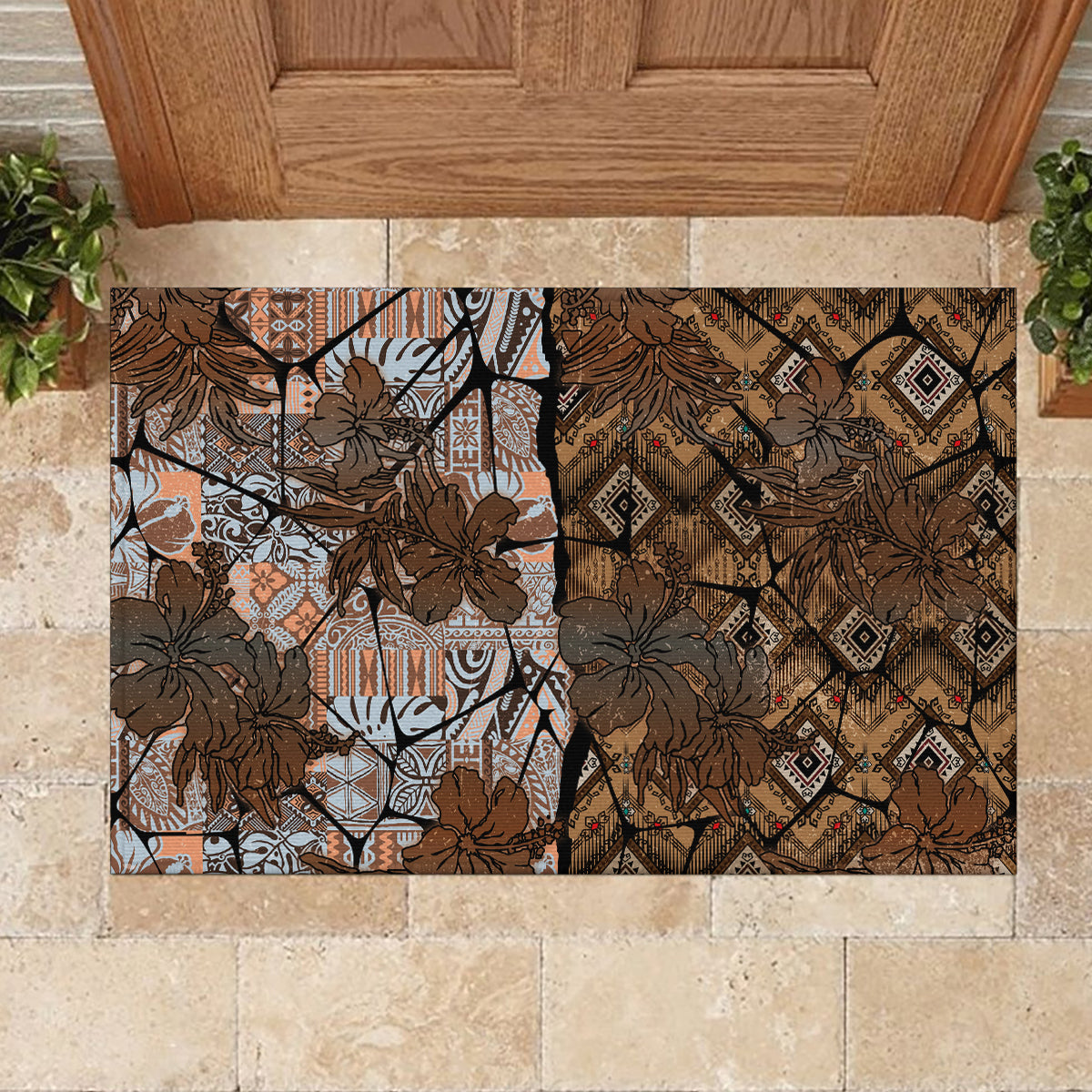Fiji Masi Tapa Tribal Rubber Doormat Old Hibiscus Vintage Style LT03 - Polynesian Pride