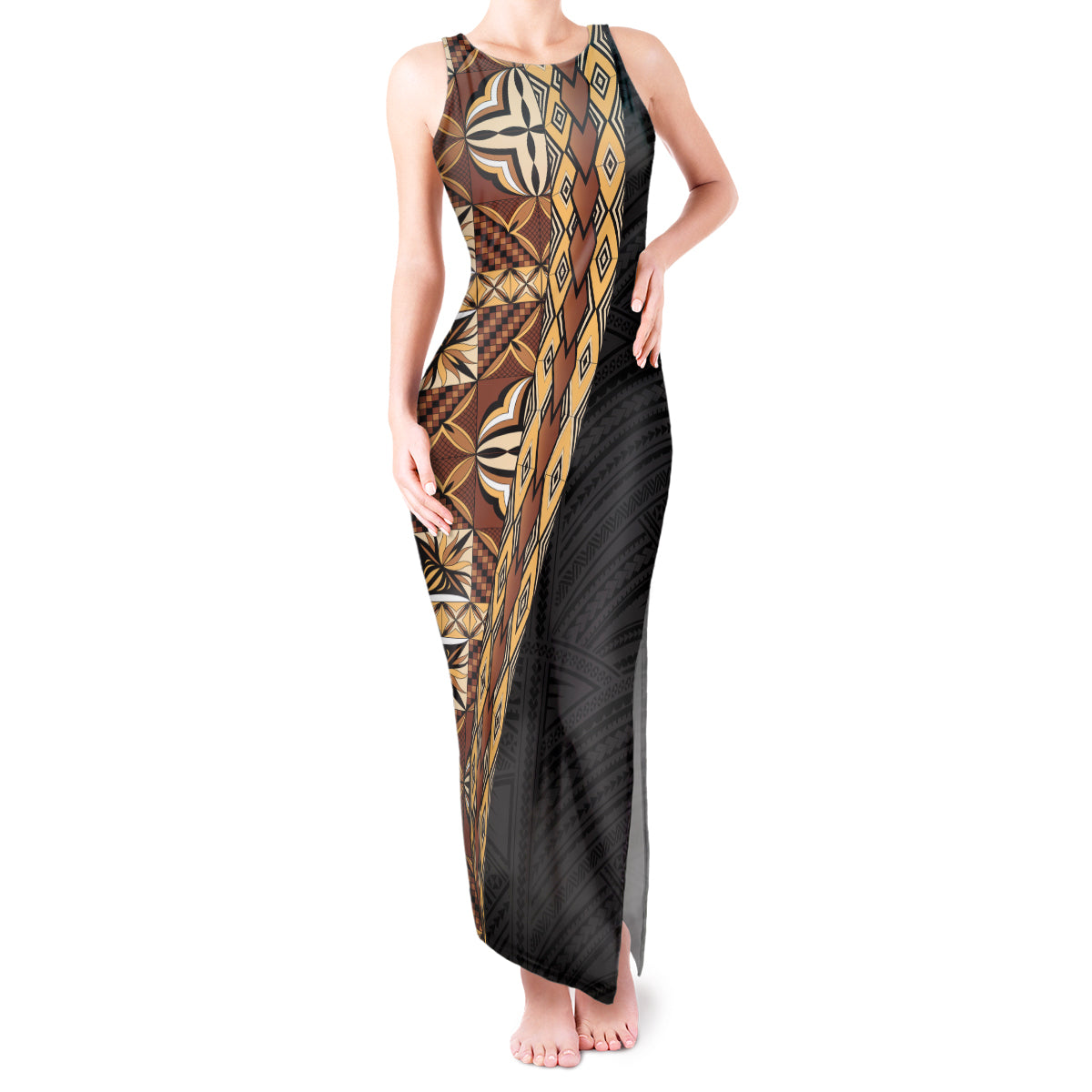 Samoan Siapo Tank Maxi Dress Tatau Pattern Half Style Retro Mode LT03 Women Brown - Polynesian Pride