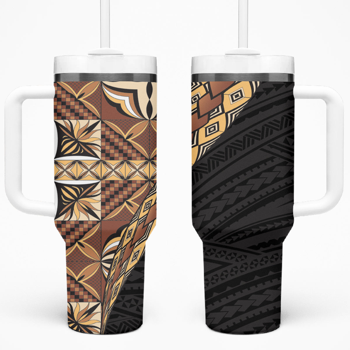 Samoan Siapo Tumbler With Handle Tatau Pattern Half Style Retro Mode LT03 One Size: 40 oz Brown - Polynesian Pride