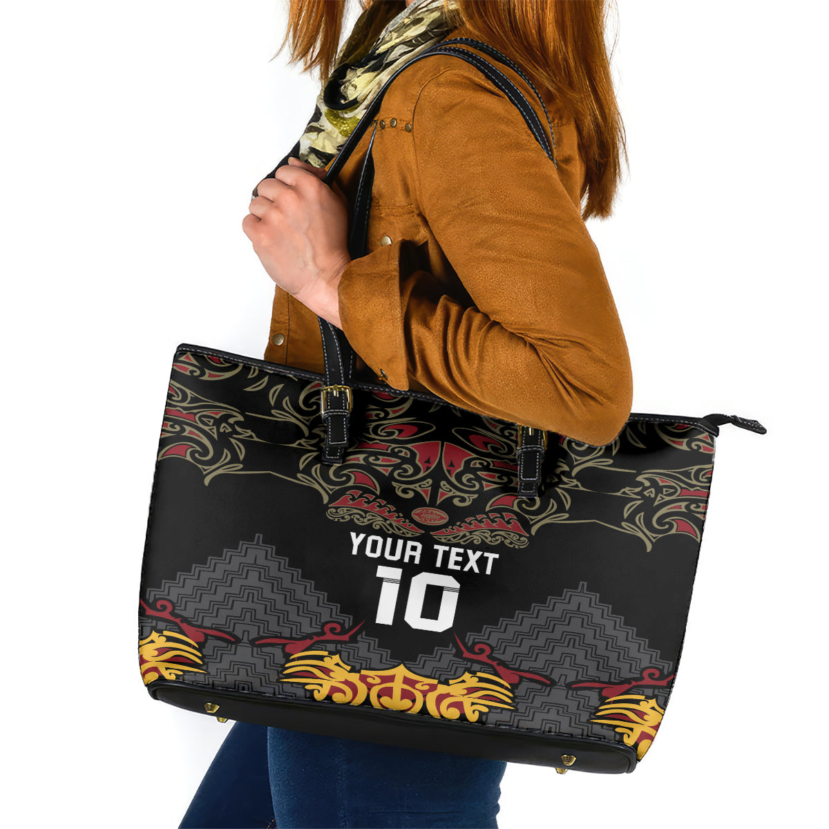 Custom New Zealand Rugby Leather Tote Bag Black Fern Maori Tribal Pattern LT03 Black - Polynesian Pride
