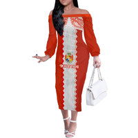 Custom Tonga Rugby Off The Shoulder Long Sleeve Dress Ikale Tahi Ngatu Tribal Pattern LT03 Women Orange - Polynesian Pride
