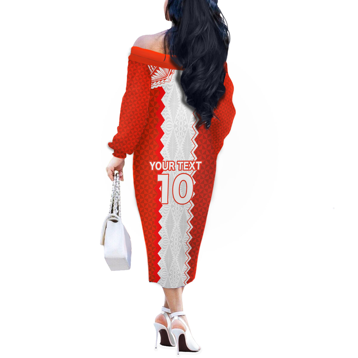 Custom Tonga Rugby Off The Shoulder Long Sleeve Dress Ikale Tahi Ngatu Tribal Pattern LT03 - Polynesian Pride