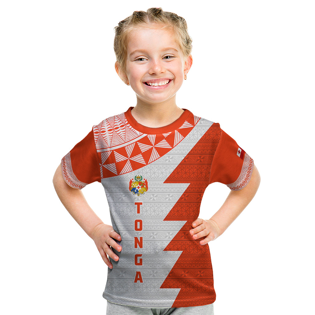 Custom Tonga Rugby Kid T Shirt Ikale Tahi Ngatu Tribal Pattern Half Style LT03 Orange - Polynesian Pride
