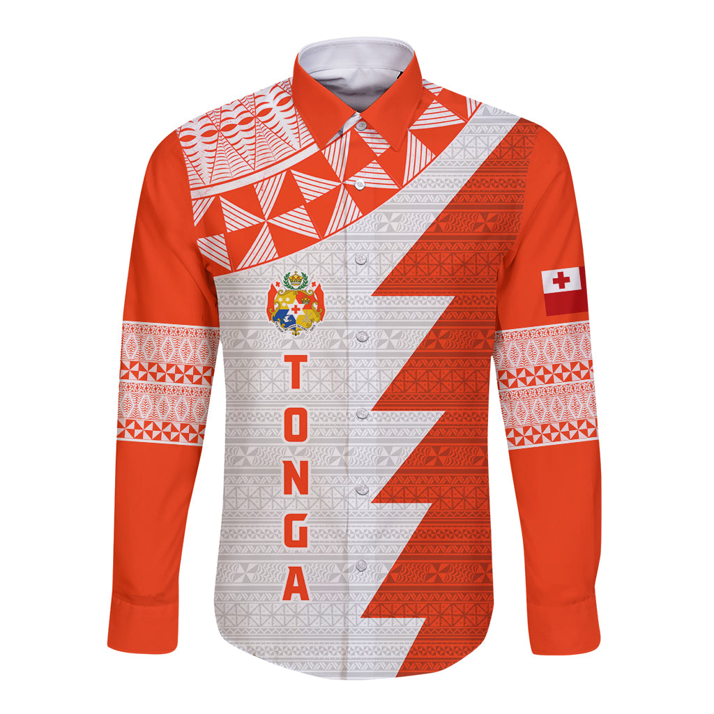 Custom Tonga Rugby Long Sleeve Button Shirt Ikale Tahi Ngatu Tribal Pattern Half Style LT03 Unisex Orange - Polynesian Pride