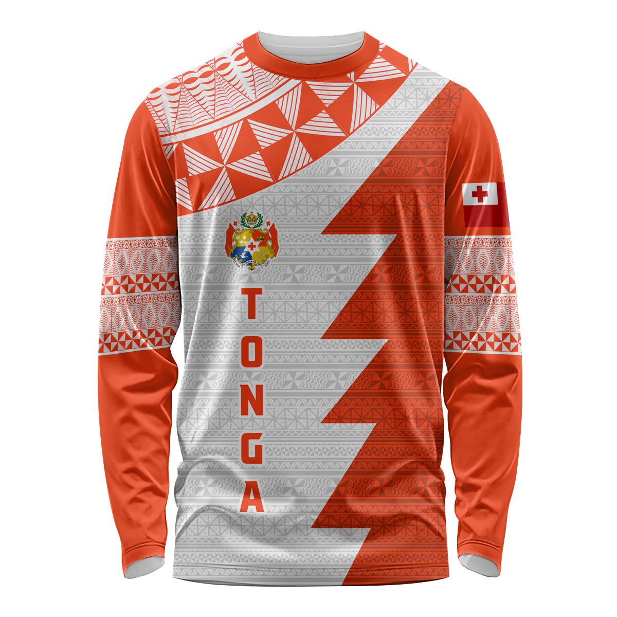 Custom Tonga Rugby Long Sleeve Shirt Ikale Tahi Ngatu Tribal Pattern Half Style LT03 Unisex Orange - Polynesian Pride