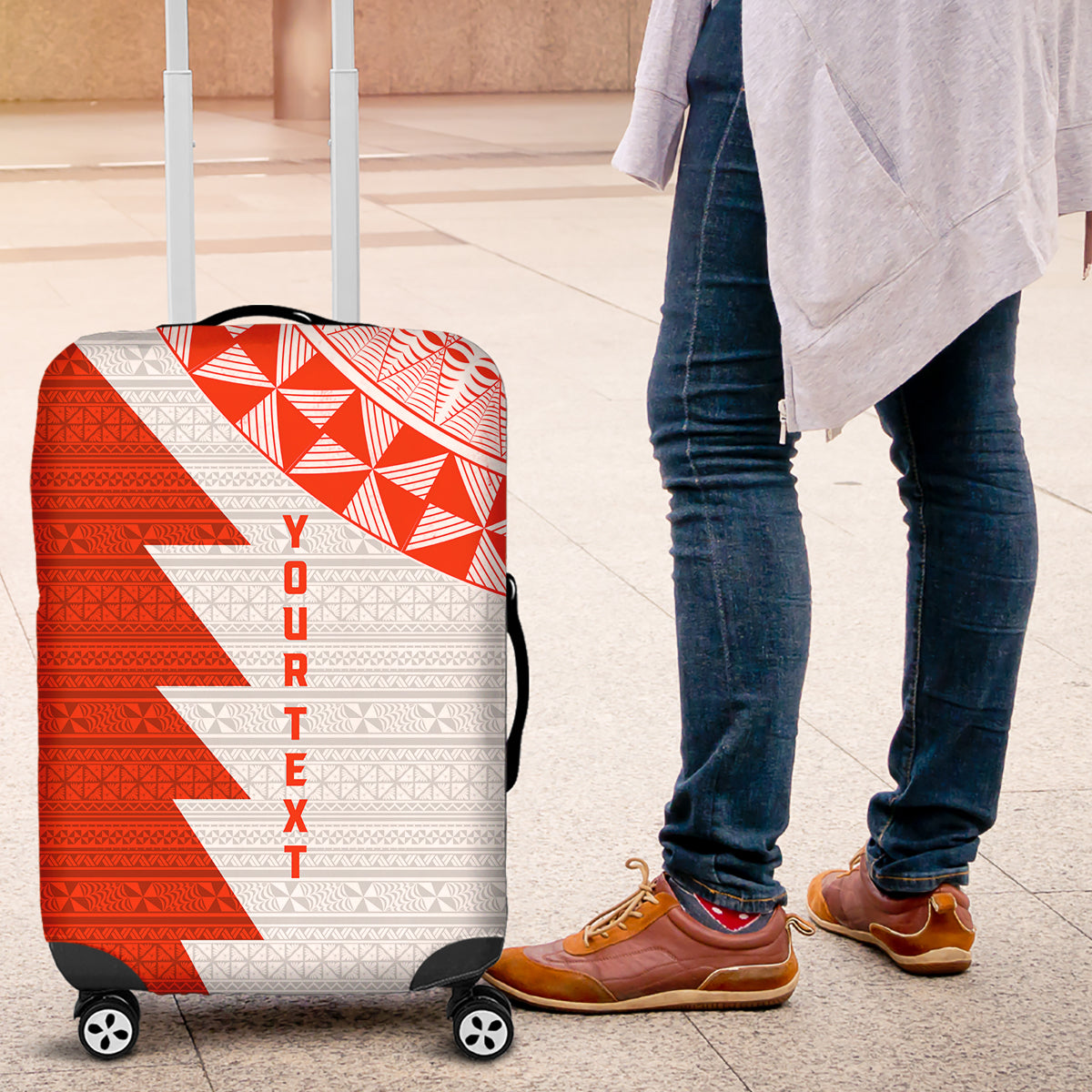 Custom Tonga Rugby Luggage Cover Ikale Tahi Ngatu Tribal Pattern Half Style LT03 Orange - Polynesian Pride