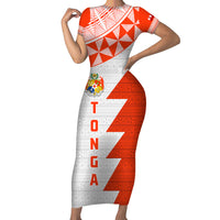 Custom Tonga Rugby Short Sleeve Bodycon Dress Ikale Tahi Ngatu Tribal Pattern Half Style LT03 Long Dress Orange - Polynesian Pride