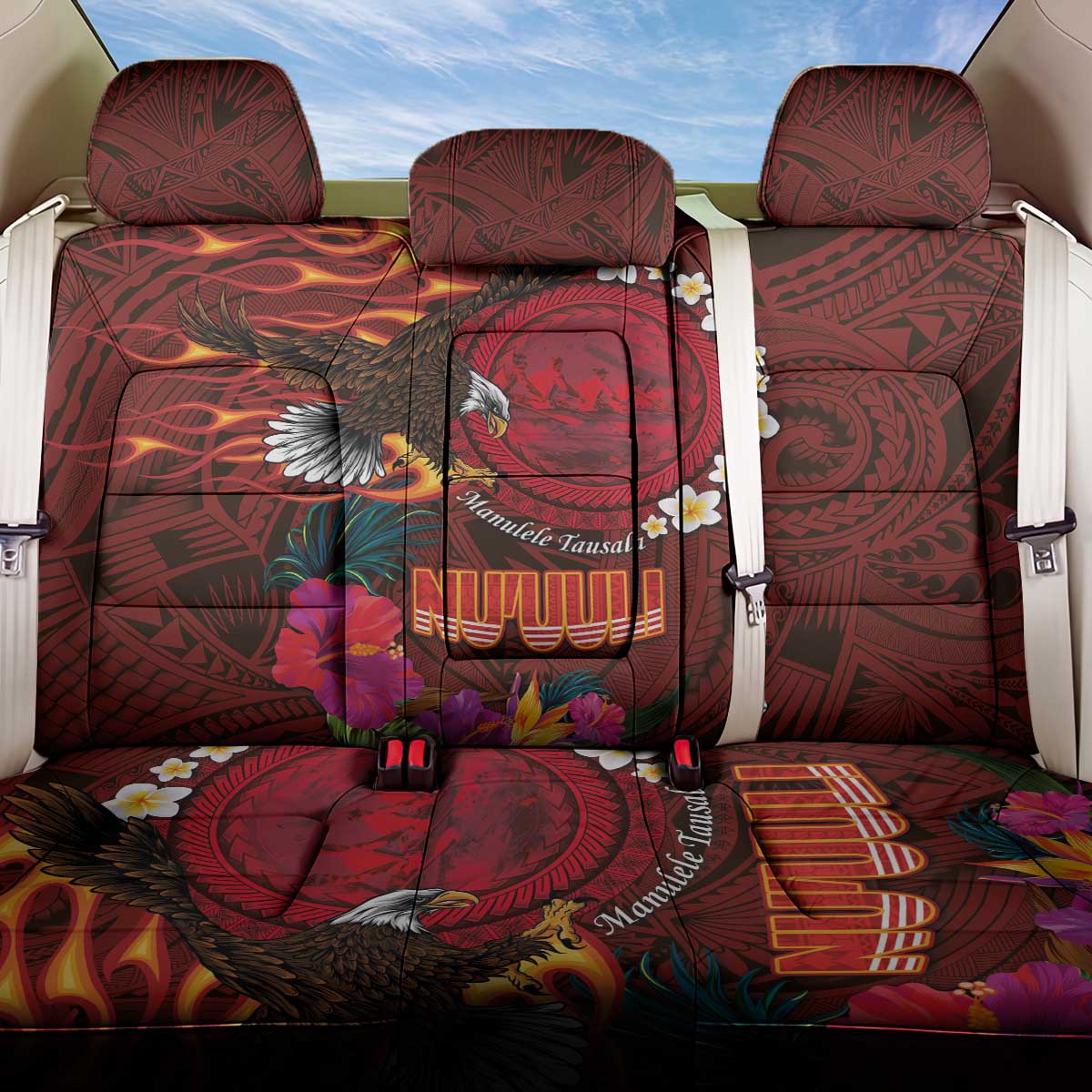 American Samoa Manulele Tausala Nu'uuli Back Car Seat Cover Tatau Art Pattern with Tropical Plants LT03 One Size Red - Polynesian Pride