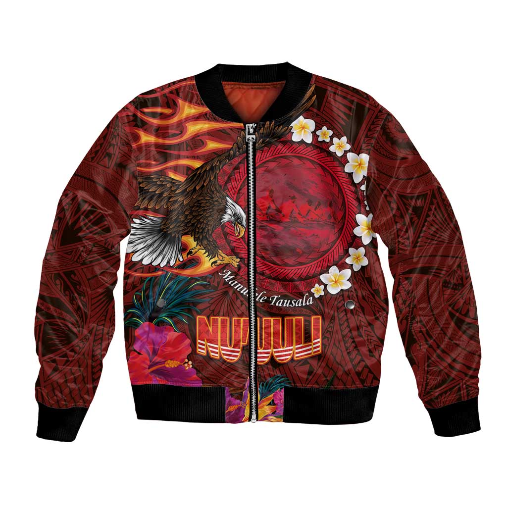 American Samoa Manulele Tausala Nu'uuli Bomber Jacket Tatau Art Pattern with Tropical Plants LT03 Unisex Red - Polynesian Pride