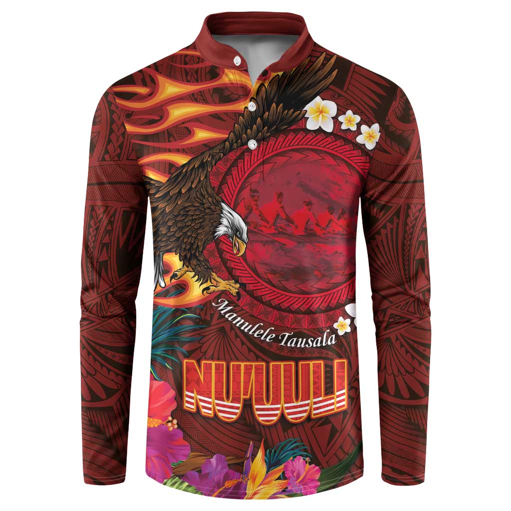 American Samoa Manulele Tausala Nu'uuli Button Sweatshirt Tatau Art Pattern with Tropical Plants LT03 Red - Polynesian Pride