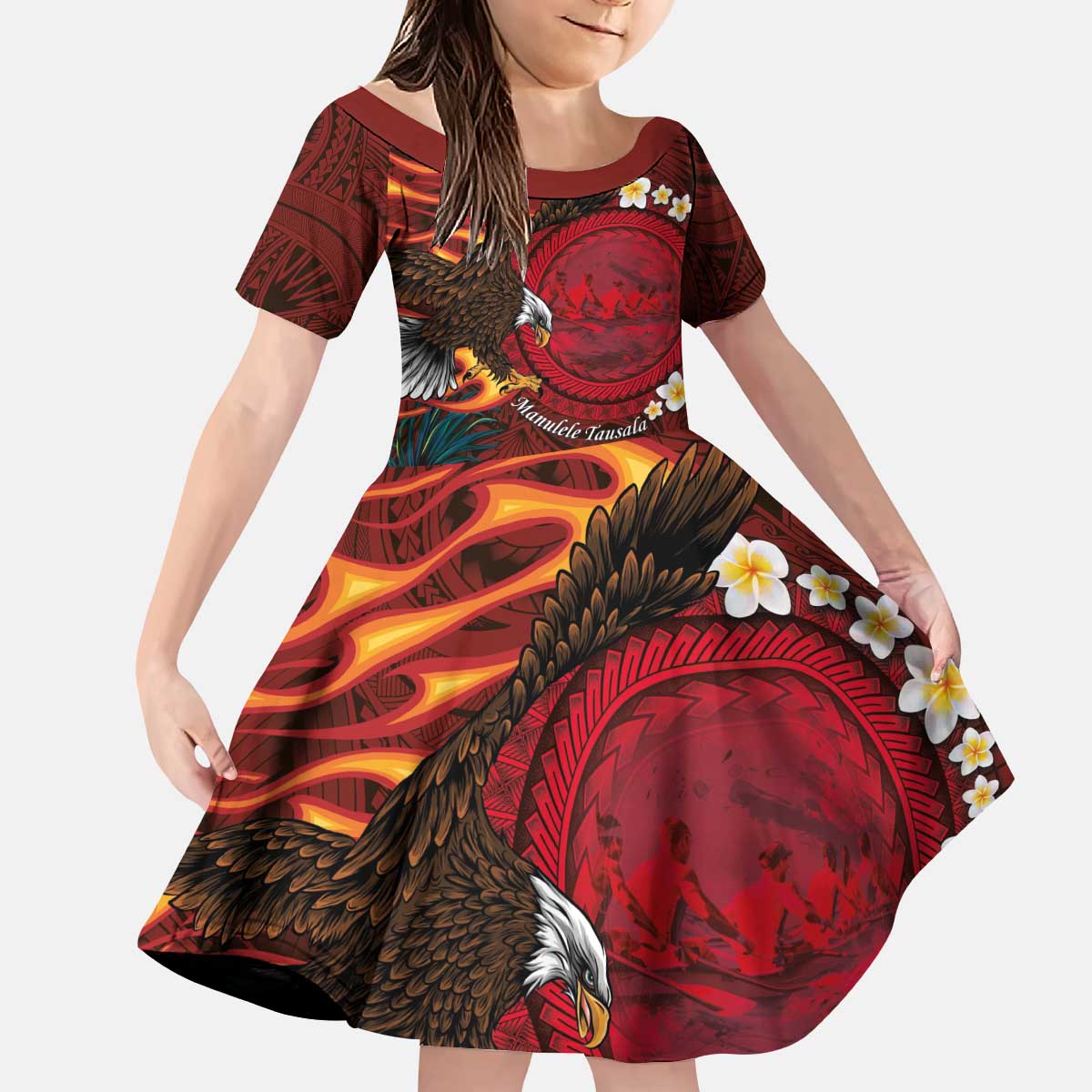 American Samoa Manulele Tausala Nu'uuli Kid Short Sleeve Dress Tatau Art Pattern with Tropical Plants LT03 KID Red - Polynesian Pride