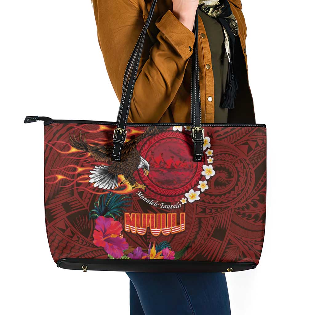 American Samoa Manulele Tausala Nu'uuli Leather Tote Bag Tatau Art Pattern with Tropical Plants LT03 - Polynesian Pride