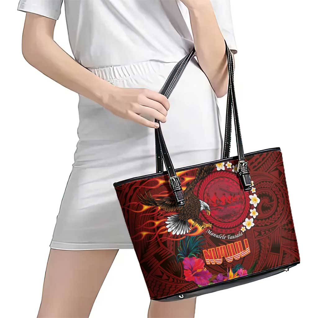 American Samoa Manulele Tausala Nu'uuli Leather Tote Bag Tatau Art Pattern with Tropical Plants LT03 - Polynesian Pride