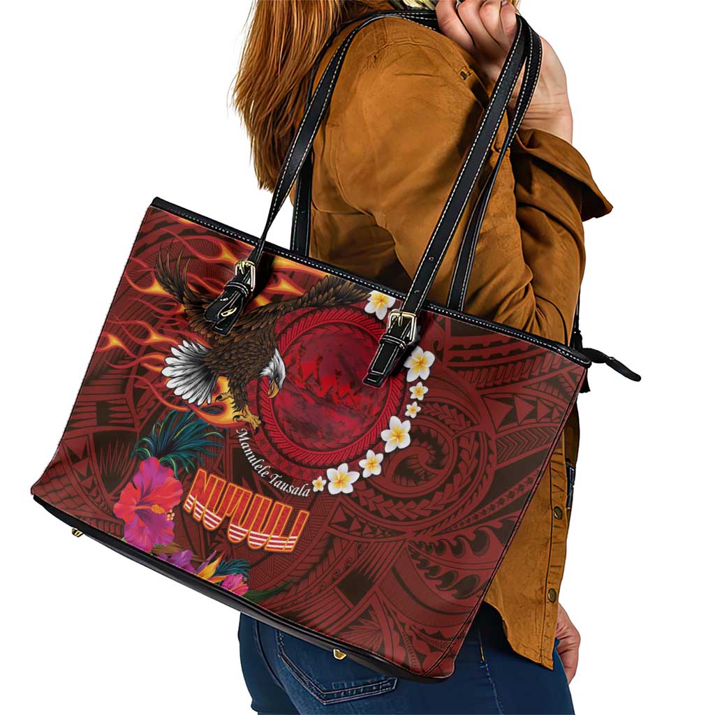 American Samoa Manulele Tausala Nu'uuli Leather Tote Bag Tatau Art Pattern with Tropical Plants LT03 - Polynesian Pride
