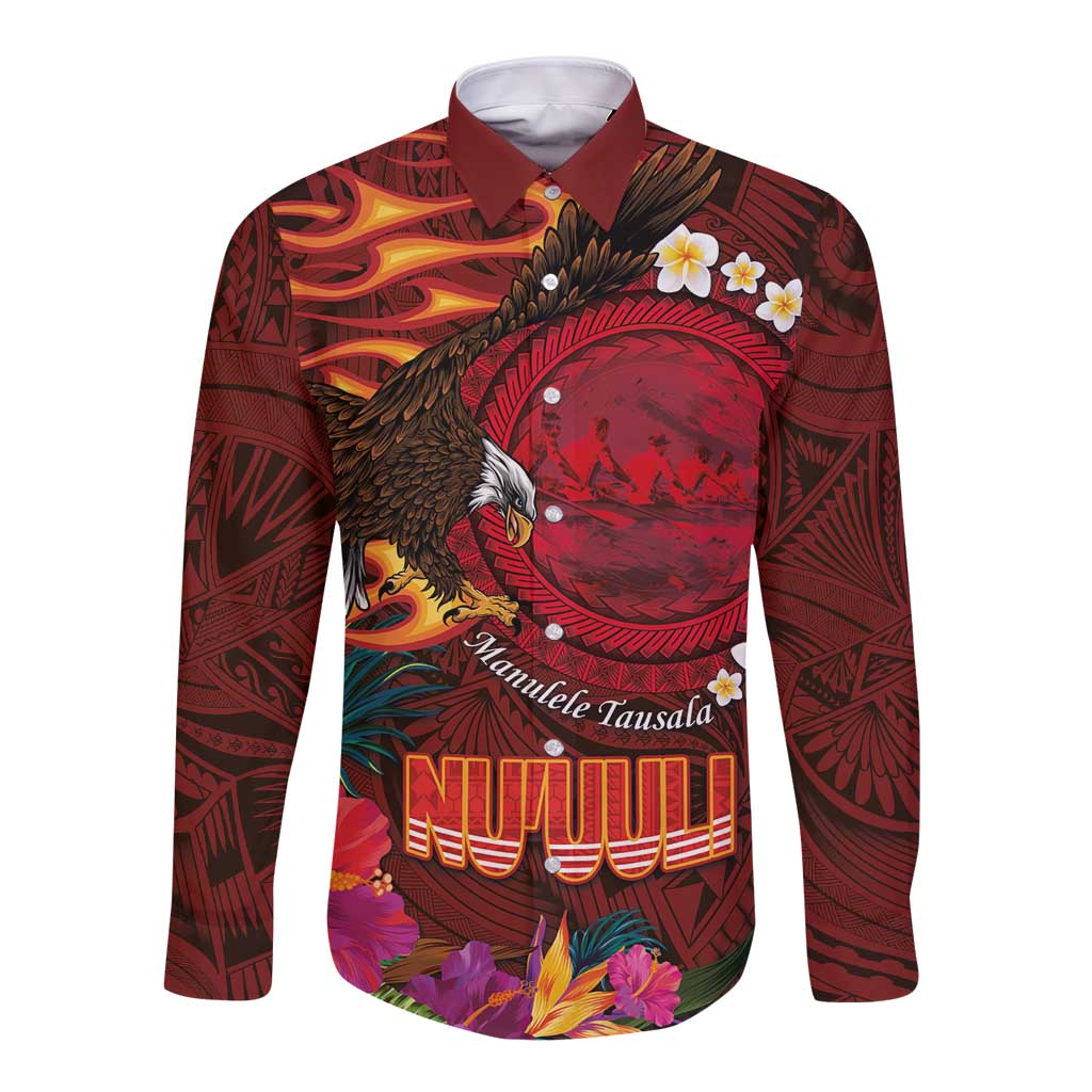 American Samoa Manulele Tausala Nu'uuli Long Sleeve Button Shirt Tatau Art Pattern with Tropical Plants LT03 Unisex Red - Polynesian Pride