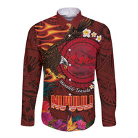 American Samoa Manulele Tausala Nu'uuli Long Sleeve Button Shirt Tatau Art Pattern with Tropical Plants LT03 Unisex Red - Polynesian Pride